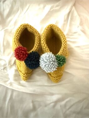 Handmade Kids 12-18 Months Yellow Knit Slippers with Pom-Poms